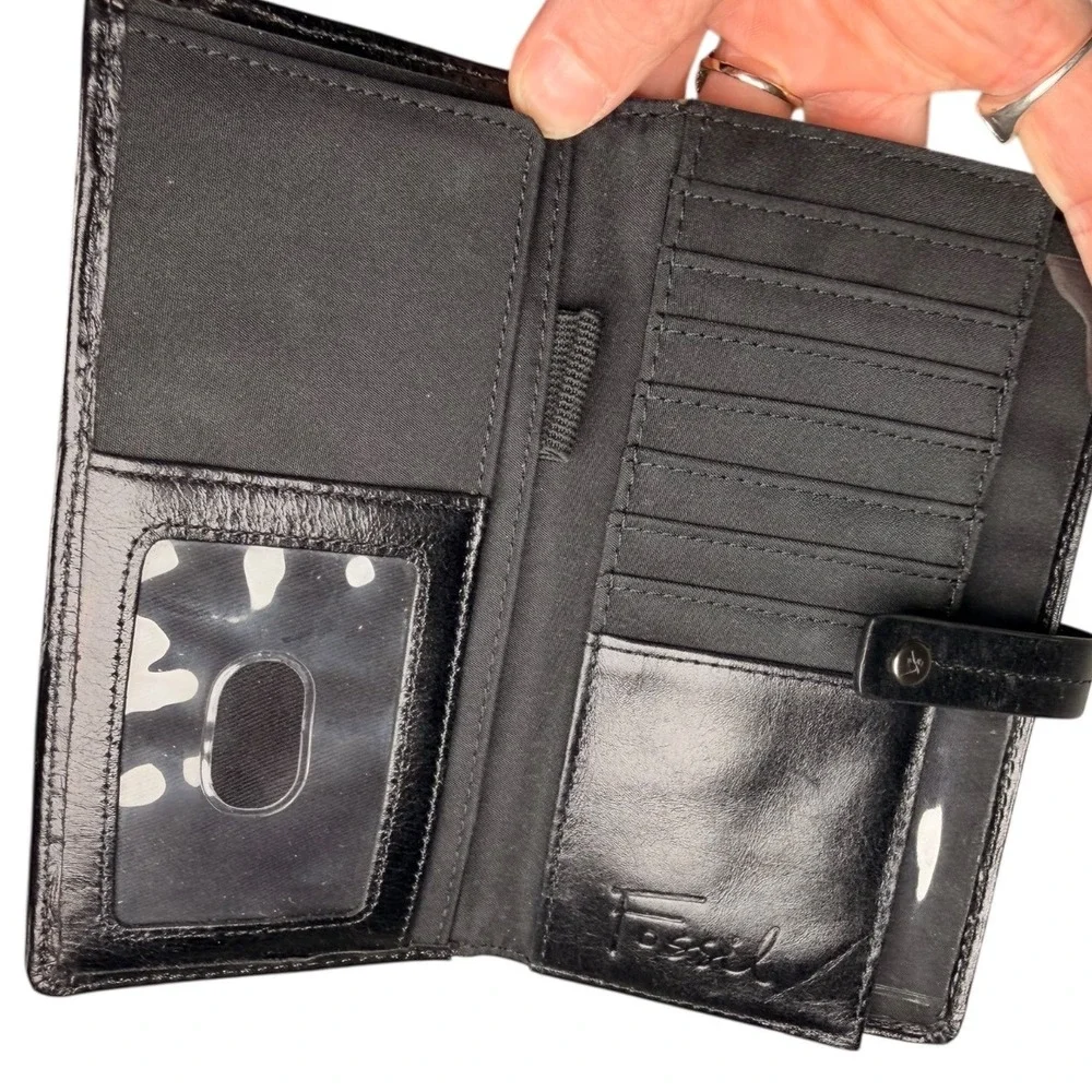 Fossil Patchwork Studded‎ Leather Wallet Clutch Black Snap Closure Zip Pocket